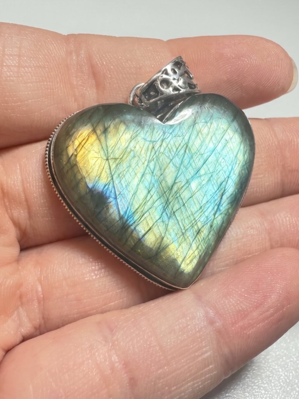 Labradorite Pendant | Teal Gold Flash | Heart | 925 Stamped | 1.5 Inches